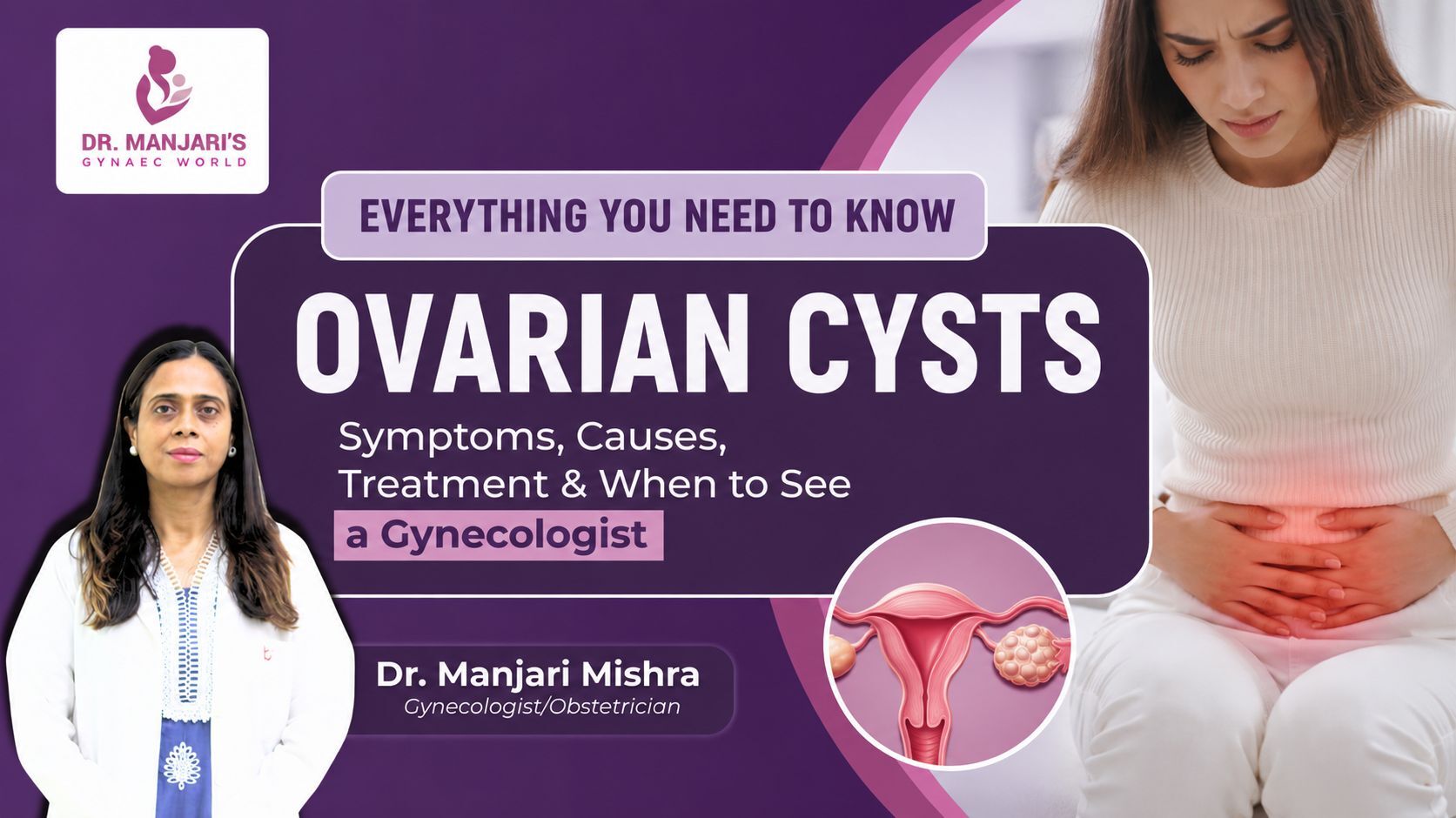 Woman experiencing pelvic pain due to ovarian cysts with illustration showing symptoms, diagnosis, and treatment options at Dr. Manjari's Gynaec World, Gynecologist in Noida.
